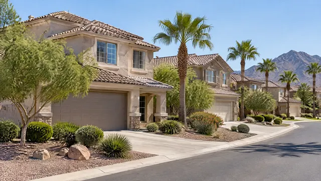 Two-story family homes with S-tile concrete roofs along a curving street, palm trees and desert landscaping in a Chandler subdivision