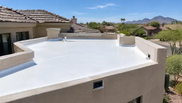 Low-slope flat roof section of a territorial-style stucco home with parapet walls, freshly coated bright white spray foam roof, roof drain scuppers, blue sky