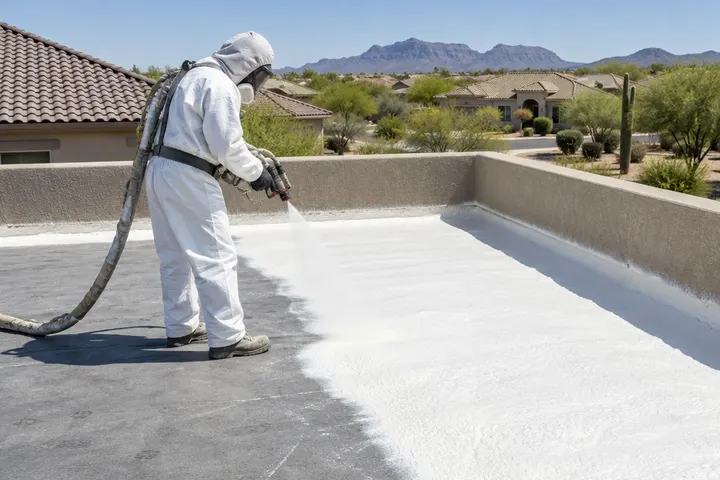 Spray foam being applied to a flat roof surface by a worker in protective suit, face covered, parapet walls around