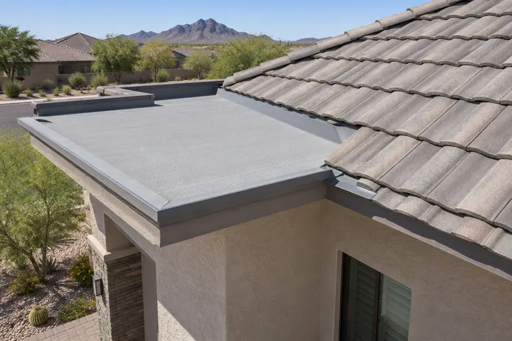 Flat roof section of a home meeting a sloped concrete tile roof section, clean flashing at the transition