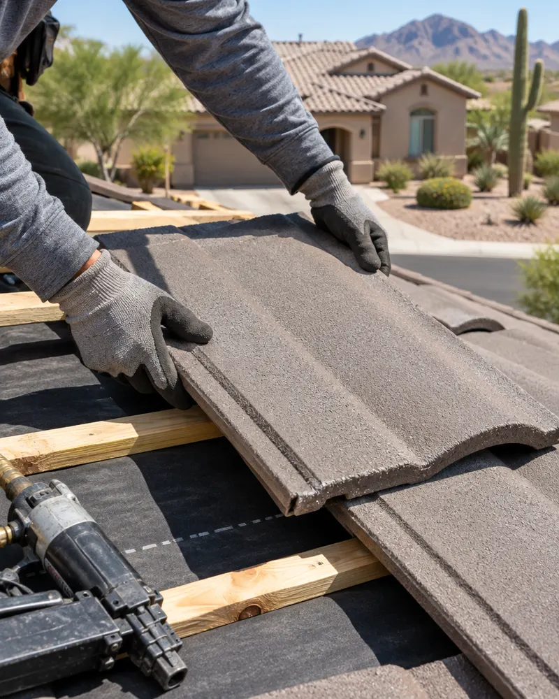 Close-up of a roofer's gloved hands setting a new concrete roof tile onto a wood batten over fresh underlayment, nail gun nearby, sunlight