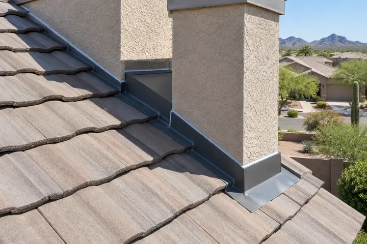 New metal flashing where a tile roof meets a stucco wall, with a cricket behind a chimney chase, neat sealant lines