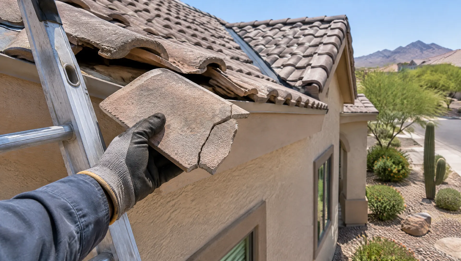 Ladder leaning against the fascia of a tile-roofed Chandler home, a roofer's hand in a glove holding a cracked concrete tile, roof valley visible behind, no face visible