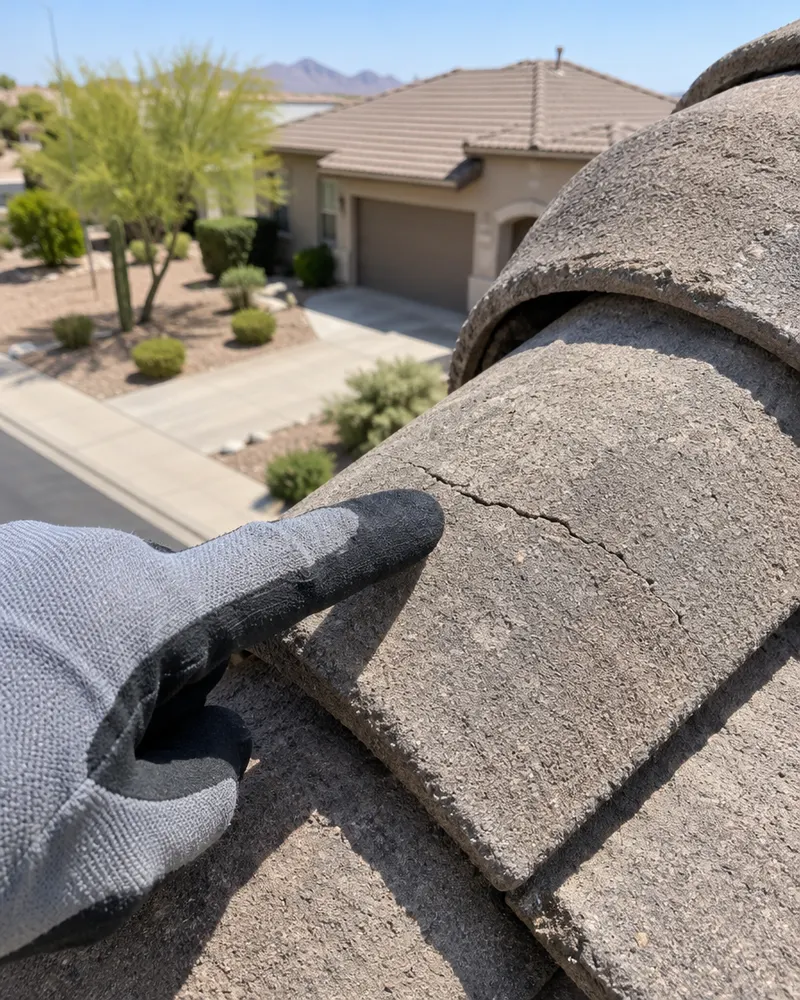 Gloved hand pointing at a hairline crack in a concrete roof tile, close up
