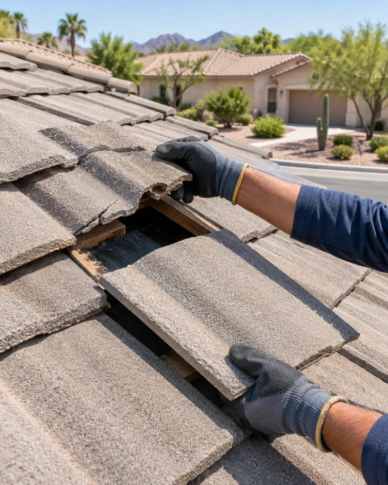 Single broken concrete roof tile being lifted out and replaced with a new matching tile