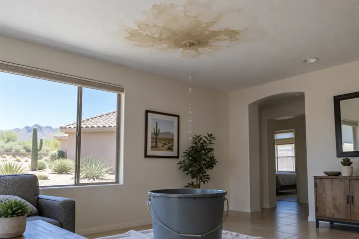 Water stain on a white residential ceiling under a roof leak, with a bucket below