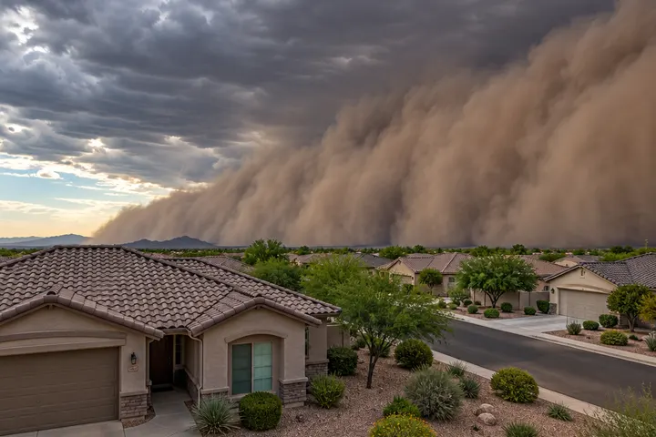 Monsoon dust storm wall approaching a Chandler neighborhood of tile-roofed homes, dramatic sky