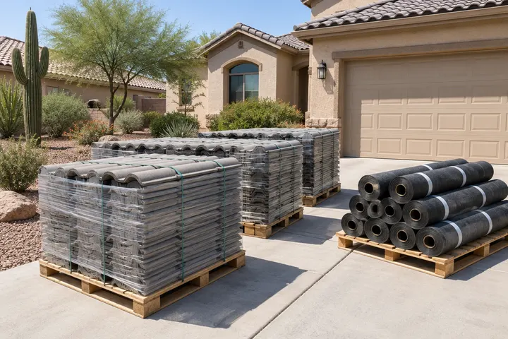 Pallets of new concrete roof tiles and rolls of underlayment staged on a residential driveway in Arizona