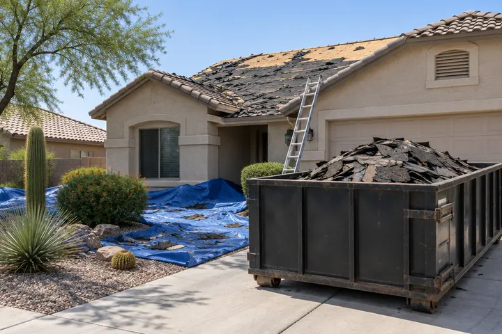 Old shingles being torn off a roof into a roll-off dumpster in a driveway, tarps protecting the landscaping below