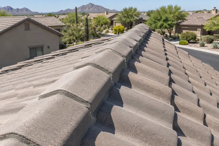 New ridge cap tiles set in mortar along the ridge of a concrete tile roof, clean lines